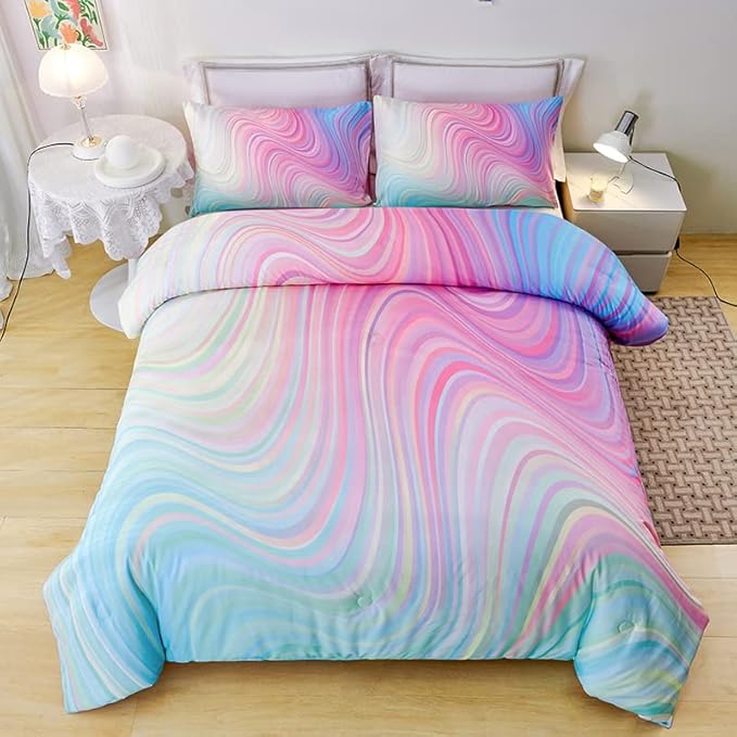 Comforter Set for Girls,Rainbow Comforter Set Full,Pink Comforter Set,Tie Dye Bedding,Kids Bedding Set for Girls,Teen Girl Comforter Set,Blue Pink Comforter for Kids - LeafyLoom