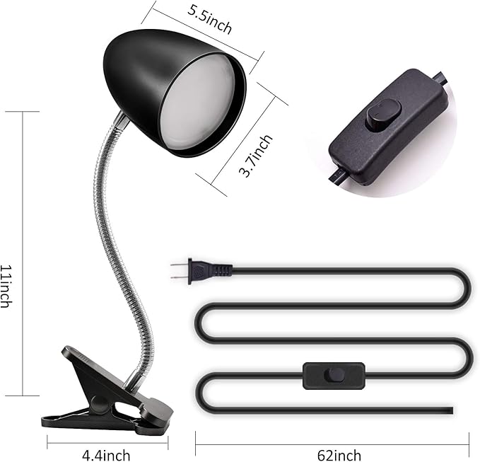 Clip on Light for Bed, Non-Dimmable Clip on Reading Light for Bed, 4000K Cool White, 3.5W 240 LM desk lamp with clamp, Eye Protection, ETL Listed, Black - LeafyLoom