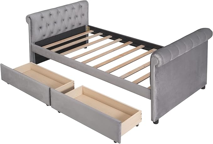 Twin Size Velvet Upholstered Daybed with Trundle and Two Armrests,Storage Wonden Bed Frame,W/Drawer,Wood Slat Support,for Apartment,Bedroom,Living Room,No Box Spring Needed,Gray - LeafyLoom