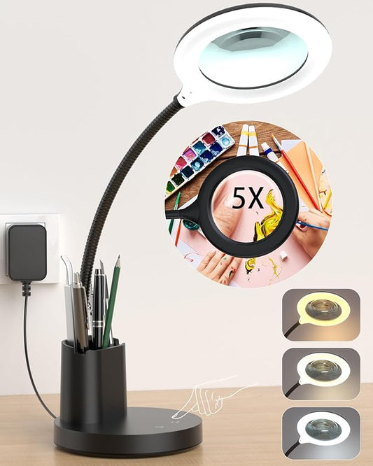 Sailstar Magnifying Glass with Light, 5X Magnifying Lamp, 3 Color Modes Lighted Magnifying Glass, LED Desk Lamp, Pen Holder, Flexible, 800LM, CRI 90, Magnifier with Light for Crafts Close Work, Black - LeafyLoom