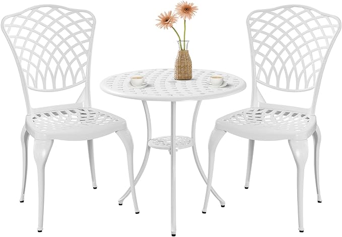 3 Piece Outdoor Bistro Set, Cast Aluminum Bistro Table and Chairs, Rust-Resistant Patio Furniture Set, White Bistro Set 3 Piece Outdoor for Garden, Backyard, Balcony - LeafyLoom