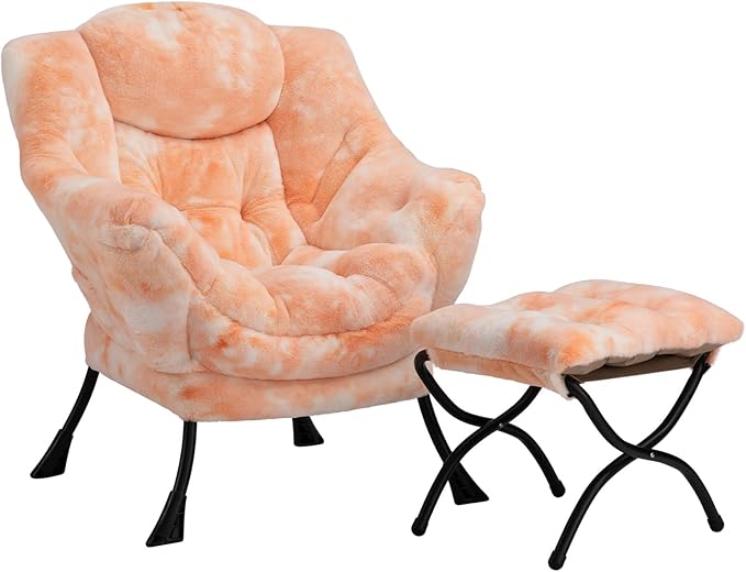 HollyHOME Faux-Fur Lazy Chair with Foldable Ottoman, Accent Comfy Lounge Arm Chair and Folding Footrest Stool Set, Leisure Sofa Reading Chair and Footstool for Living Room, Bedroom, Orange&White - LeafyLoom