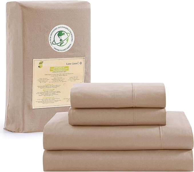 LANE LINEN 100% Organic Cotton Sheets Set Pure Long- Staple Percale Weave - Bedding for Bed Fits Mattress Upto 15in Deep Pocket (Twin Taupe) - LeafyLoom