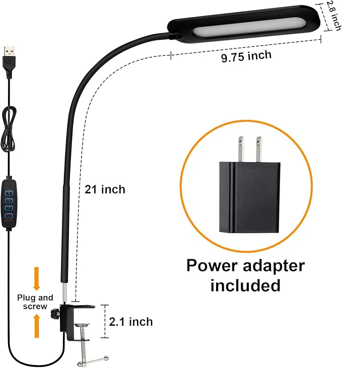 LED Desk lamps with Clamp for Home Office,High Brightness,3 Color Temperatures and Dimmable Clip On Desk Light,Flexible Gooseneck Desk Lamp with USB Adapter,Black - LeafyLoom