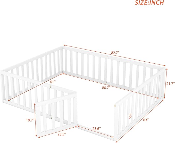 Multifunctional Queen Size Floor Bed with Safety Guardrails and Door, Montessori Sturdy Solid Wood Beds Frame, Easy Assembly and No Spring Need, for Boys and Girls Room, White - LeafyLoom