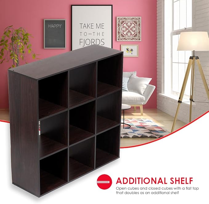 Home Basics 9-Cube Storage Organizer with 11" Shelf Opening Espresso MDF Bookcase and Display Shelf | Open and Closed Back Combination | Horizontal or Vertical Orientation - LeafyLoom