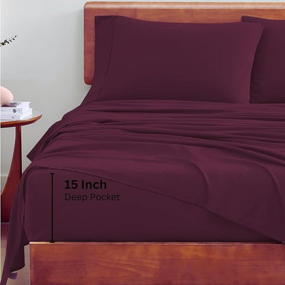 LANE LINEN 100% Organic Cotton Full Sheets Set 4-Piece Pure Percale Long Staple Soft Bedding Breathable Fits Mattress Upto 15" Deep - Windsor Wine - LeafyLoom