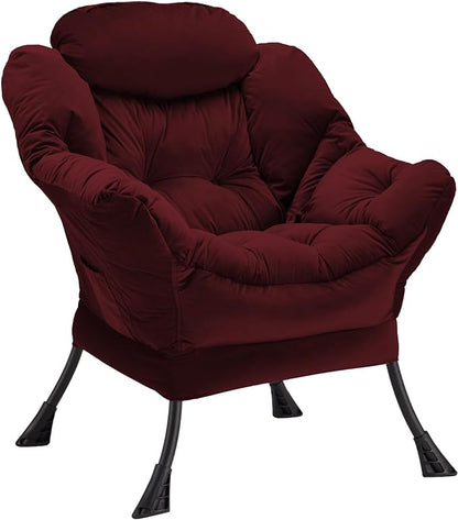 Lazy Chair Thick Padded, Accent Chair Velvet Upholstered with Wide Seat, Stable Metal Frame and Non-Slip Pad, Modern Sofa Armchair with Side Storage Bag for Dorm, Room, Office, Burgundy - LeafyLoom