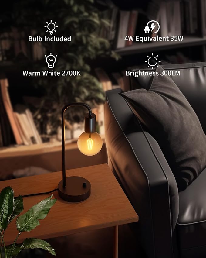 Industrial Table Lamp with 2 USB Port, Fully Dimmable Nightstand Bedside Lamps for Bedroom,Desk Lamps with 2700K Black Gradient Bulb for Reading Living Room,Office - LeafyLoom