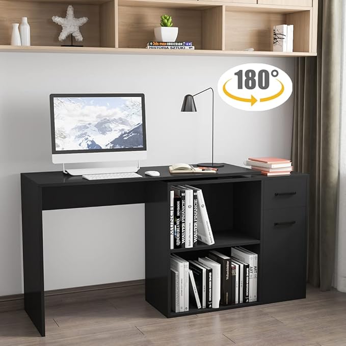 L-Shaped Rotating Computer Desk with Storage Shelves 68 inch Home Office Desk Corner with Drawers and File Cabinet Multipurpose Study Writing Table for Bedroom Small Space Black - LeafyLoom