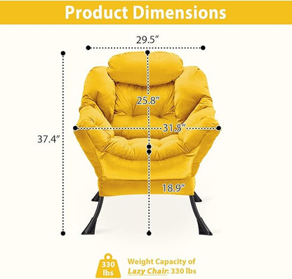 Lazy Chair Thick Padded, Accent Chair Velvet Upholstered with Wide Seat, Stable Metal Frame and Non-Slip Pad, Modern Sofa Armchair with Side Storage Bag for Dorm, Room, Office, Yellow - LeafyLoom