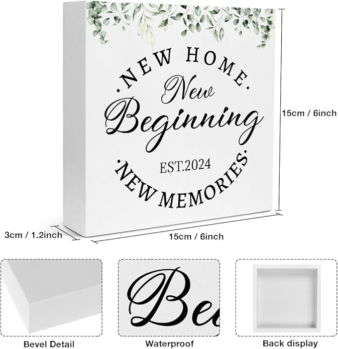 Creoate Housewarming Gifts New Home Decor New Home New Memories Wooden Box Sign Rustic Housewarming White Block Sign Home Décor Accents Living Room Shelf Desk Decoration 5.9 x 5.9 Inches Gift (White) - LeafyLoom