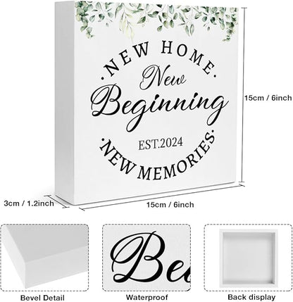 Creoate Housewarming Gifts New Home Decor New Home New Memories Wooden Box Sign Rustic Housewarming White Block Sign Home Décor Accents Living Room Shelf Desk Decoration 5.9 x 5.9 Inches Gift (White) - LeafyLoom