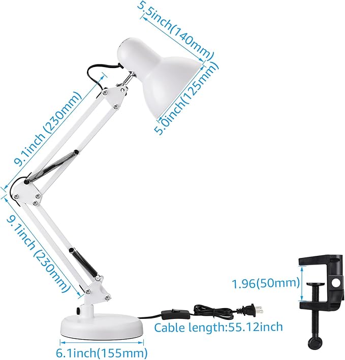 TORCHSTAR Metal Desk Lamp, Swing Arm Desk Lamps, Architect Desk Lamp with Clamp, Adjustable Gooseneck Table Lamp, Clip Desk Lights for Home Office, Work, Study, Reading, E26 Base, Multi-Joint, White - LeafyLoom