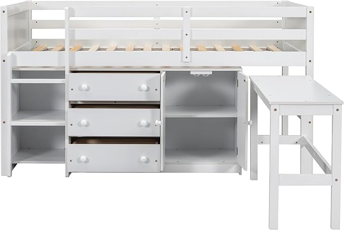 Twin Size Low Loft Bed with Pull-Out Desk, Drawers, Cabinet, and Shelves, for Kids Boys Girls Bedroom, White - LeafyLoom