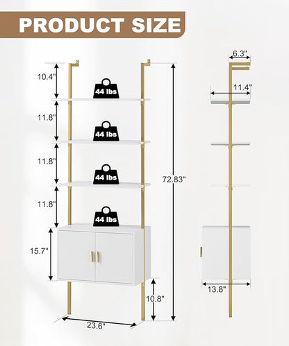 Gadroad Ladder Bookshef with Cabinet, Wall Mounted Bookcases, 5 Tier Tall Open Display Rack, 73" Metal Industrial Bookshelf, Storage Shelves for Livingroom, Home Office, Gold - LeafyLoom