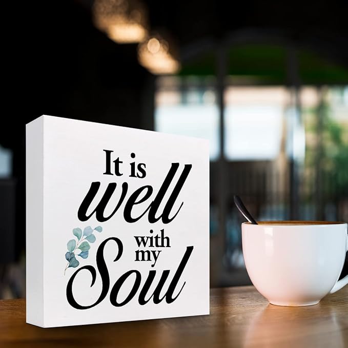 Christian Quote It Is Well With My Soul Wood Box Sign,Holy Bible Quote Decor Desk Sign,Inspirational Song and Hymn Wooden Block Sign for Home Bedroom Office Shelf Tabletop - LeafyLoom