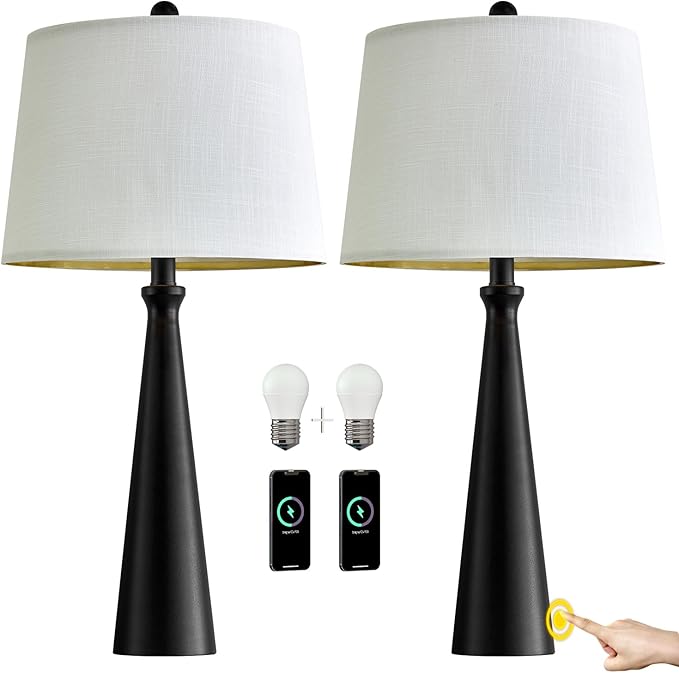 Oneach 25.75" Table Lamps Set of 2 for Living Room Bedroom, Bedside Lamp 3-Way Dimmable Touch Control, Modern Black Nightstand Light Fabric Shade Vintage Accent Style - LeafyLoom