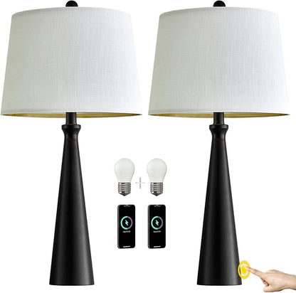 Oneach 25.75" Table Lamps Set of 2 for Living Room Bedroom, Bedside Lamp 3-Way Dimmable Touch Control, Modern Black Nightstand Light Fabric Shade Vintage Accent Style - LeafyLoom