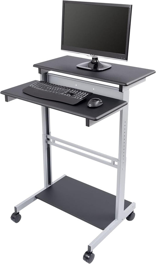 S STAND UP DESK STORE Rolling Adjustable Height Two Tier Standing Desk Computer Workstation (Silver Frame/Black Top, 32 Wide) - LeafyLoom