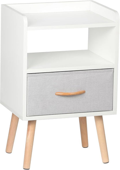 LUCKNOCK NightStand with Fabric Drawer, Bedside Table with Solid Wood Legs, Minimalist and Practical End Side Table with Open Storage Shelf for Bedroom, White. - LeafyLoom