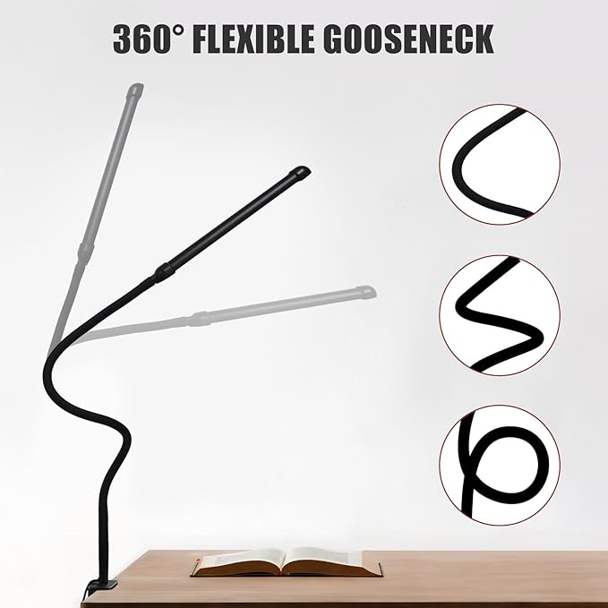 LED Desk Lamp with Clamp, Clamp Light with Adjustable Color Modes,Clip on Light with Long Flexible Gooseneck, Eye-Care Lamp Clamp for Study, Work, Home, Office, (Black, 12W) - LeafyLoom