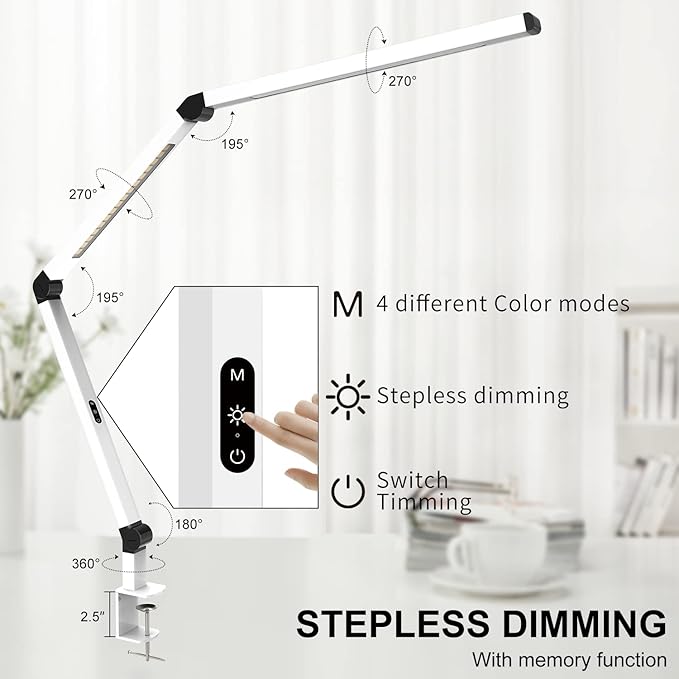 LED Desk Lamp with Clamp, Dual Light Table Lamp with Adjustable Swing Arm, Eye-Care 4 CCT Modes & 5 Brightness Levels Clip-on Table Light Architect Modern Desk Light for Home Office - LeafyLoom