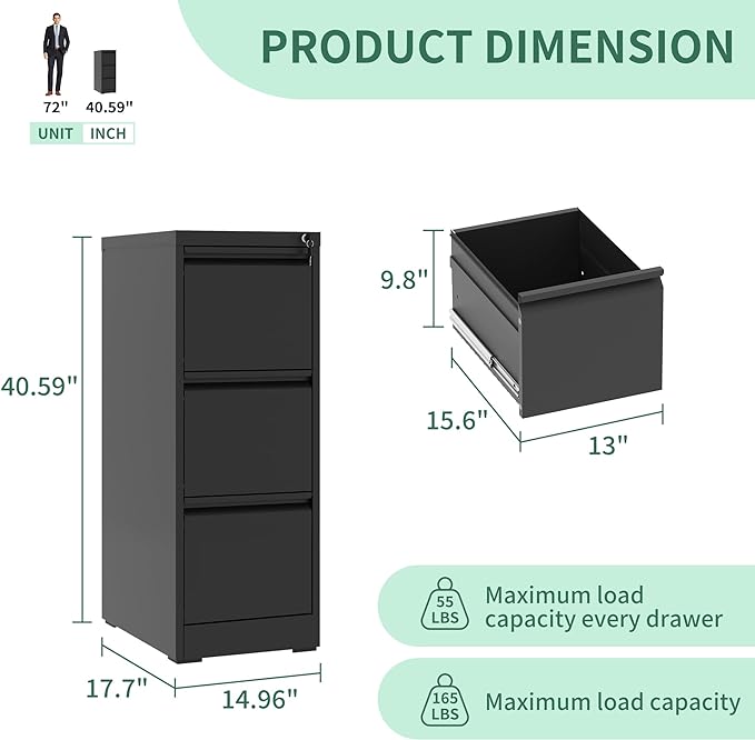 3 Drawer File Cabinet with Lock, Metal Vertical Filing Cabinets for Home Office, Steel Storage Cabinet for Hanging Legal/Letter Size Files, Assembly Required (Black) - LeafyLoom