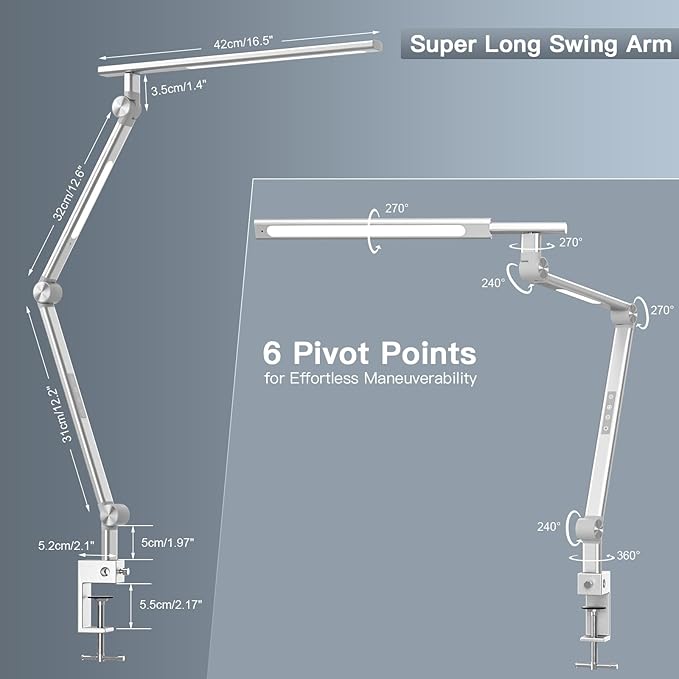 LED Desk Lamp, Desk Light for Home Office, Dual Light Source 18W Brightest, Eye-Caring Optical Lens, Task Lamp, 5 Color Modes & Brightness, Aluminum Alloy Clip on Lamp, Clamp Lamp, Silver - LeafyLoom