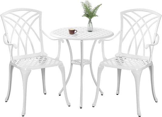 White Bistro Table and Chairs Set of 2, Cast Aluminum White Bistro Set Outdoor, Patio Bistro Sets with Umbrella Hole, Round Back Yard Set for Porch Balcony Garden - LeafyLoom