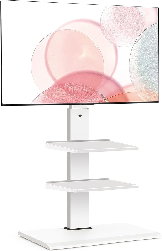 FITUEYES Iron Base Universal Floor TV Stand with Swivel Mount Space Saving for 26-65 Inch LED LCD OLED Plasma Flat Panel or Curved Screen TVs Height Adjustable Wire Management with 2 Shelves White - LeafyLoom