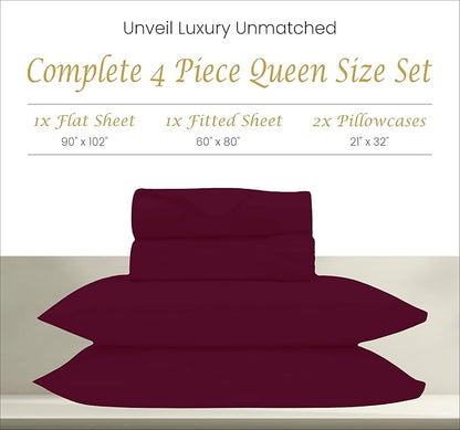 Egyptian Cotton Sheets Queen Size 1000 Thread Count, 4 Piece Soft & Comfortable Bed Linen Set, Hotel Quality Queen Size Bedding Set, Fits Upto 18" Mattress, Cool Durable Sheets & Pillowcases, Burgundy - LeafyLoom