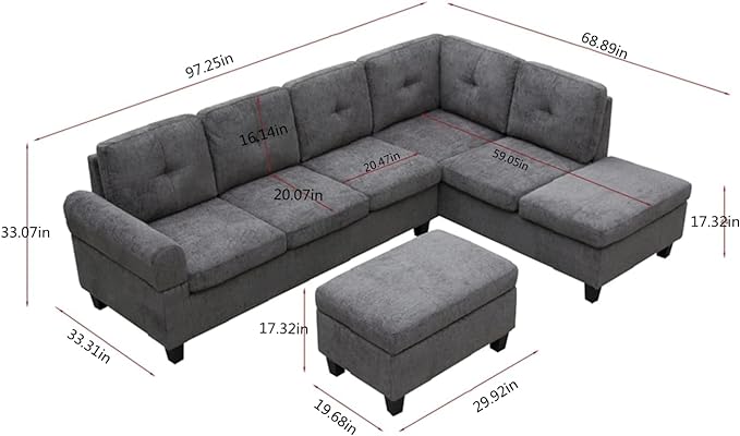 Sectional Couch L Shaped Sofa with Storage Ottoman, Cup Holders, Modern Upholstered Corner Couch&Sofa with Chaise Lounge for Living Room Furniture Sets, Black pu - LeafyLoom