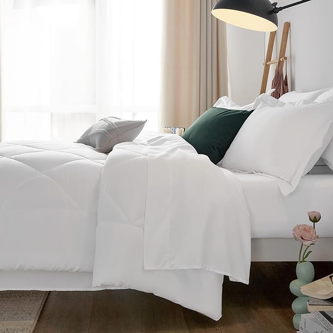 CozyLux Full Comforter Set with Sheets 7 Pieces Bed in a Bag White All Season Bedding Sets with Comforter, Pillow Shams, Flat Sheet, Fitted Sheet and Pillowcases - LeafyLoom