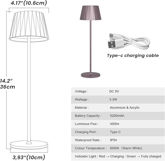 Modern LED Cordless Table Lamp,5200mAh Rechargeable Desk Lamp with Stepless Dimming, Touch Waterproof Night Light for Bedroom Outdoor Bar RV Kitchen (Purplish-Brown, 3000K, Warm White) - LeafyLoom