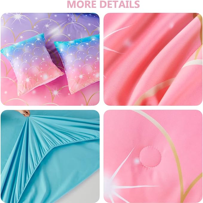 PERFEMET Mermaid Print Full Size Comforter Set for Girls, 6 Piece Colorful Tie Dye Teen Girl Bedding Set, Pink Purple Ombre Cute Bed in A Bag Comforter Set with Sheets - LeafyLoom