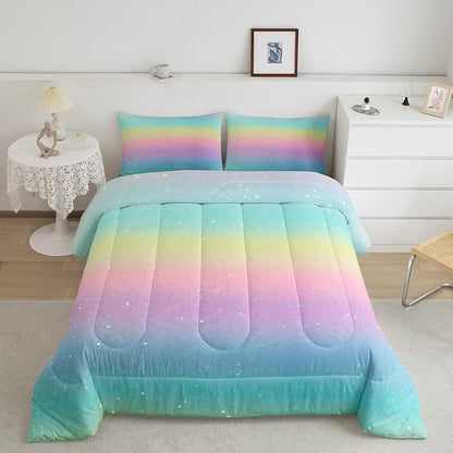 Erosebridal Rainbow Bedding Comforter Sets Full Size Tie Dye Galaxy Comforter Set for Boys Girls Kids Bedroom, Glitter Starry Bedding Pastel Ombre Sparkle Quilt with 2 Pillowcases, Pink Blue Yellow - LeafyLoom