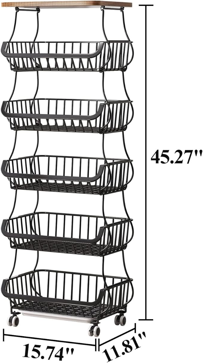 Wisdom Star 6 Tier Fruit Vegetable Basket for Kitchen with Wooden Tabletop, Storage Cart Vegetable Basket Bins for Onions and Potatoes, Wire Storage Basket Organizer Utility Cart with Wheels, Black - LeafyLoom