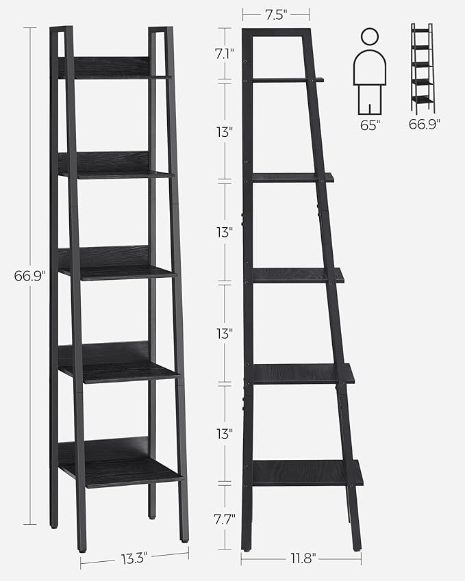 VASAGLE Bookshelf, 5-Tier Narrow Bookcase, Ladder Shelf for Home Office, Living Room, Bedroom, Kitchen, Ebony Black and Ink Black ULLS109B56 - LeafyLoom