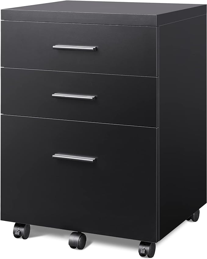 DEVAISE 3 Drawer File Cabinet for Home Office, Wood Under Desk Filing Cabinet, Rolling Printer Stand with Wheels, Black - LeafyLoom