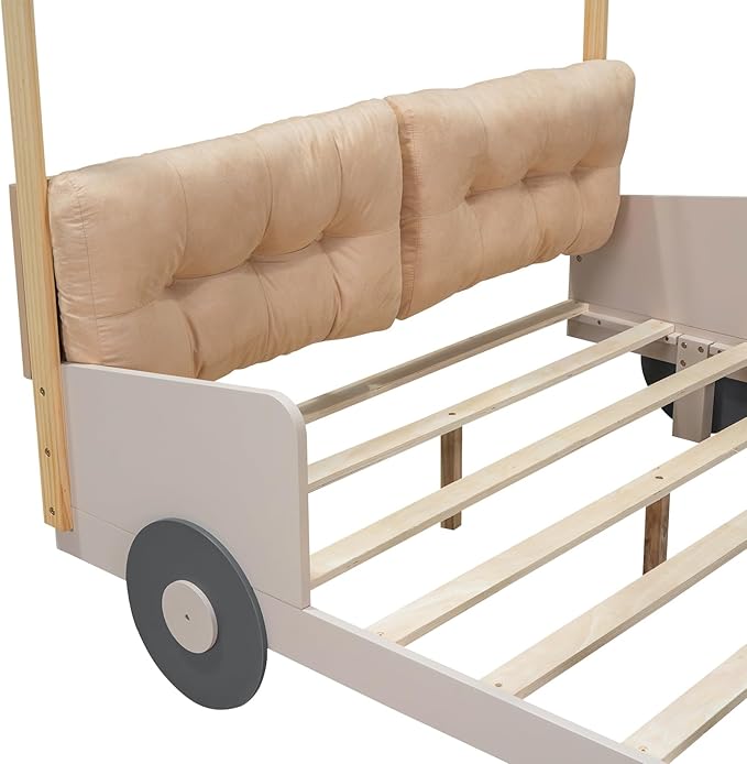 Twin Size Car Bed with Ceiling Cloth,Wood Car-Shaped Bed Frame with Pillow and LED Light for Kids Girls Boys, No Box Spring Needed, Natural - LeafyLoom