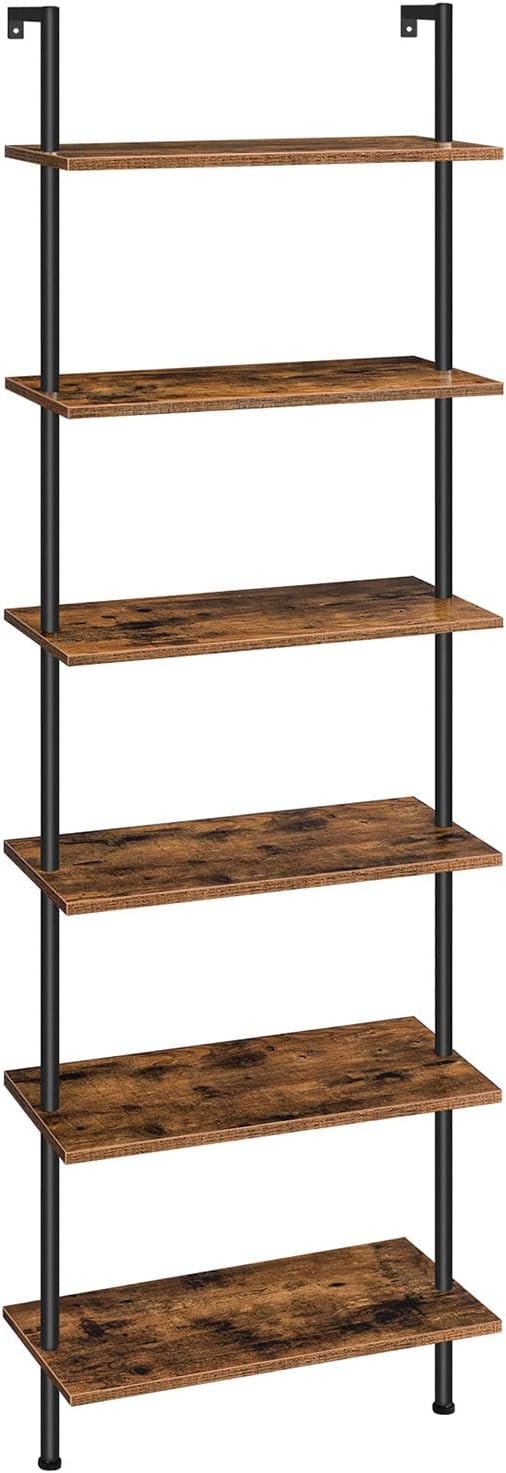 HOOBRO DIY Ladder Shelf, 6-Tier Wall Mounted Bookshelf, Office Vertical Bookcase, Wooden Storage Shelves for Home Office, Bedroom, Rustic Brown and Black BF65CJ01 - LeafyLoom