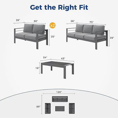 Wisteria Lane Aluminum Outdoor Patio Furniture Set, Modern Patio Conversation Sets, Outdoor Sectional Metal Sofa with 5 Inch Cushion and Coffee Table for Balcony, Garden, Dark Grey - LeafyLoom