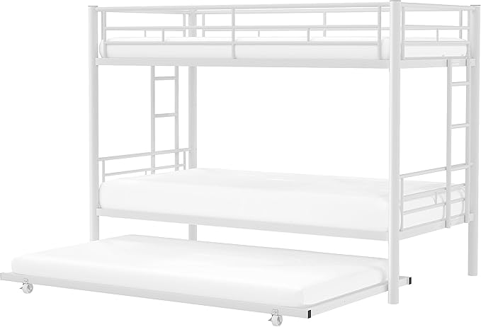 VECELO Twin Over Twin Bunk Bed with Trundle, Metal Bunkbeds with Ladder and Full-Length Guardrail, Noise Free, No Box Spring Needed, Off White - LeafyLoom