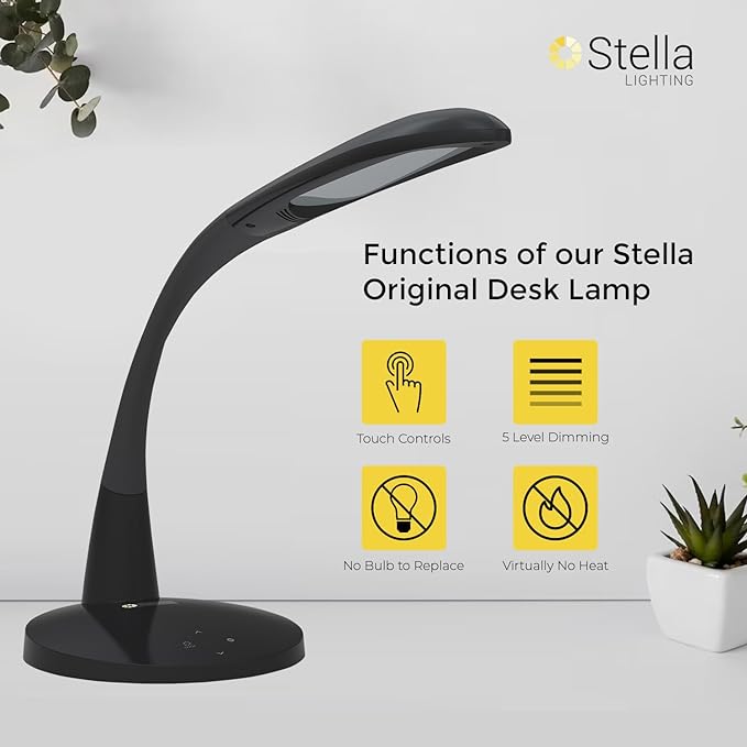 Stella Original Premium 10W LED Desk Task Lamp - Black - Adjustable Dimmable Low Vision Natural Table Light - Bright Macular Degeneration Aid Lighting-Hobby, Crafting, Sewing, Artist, Reading, Office - LeafyLoom