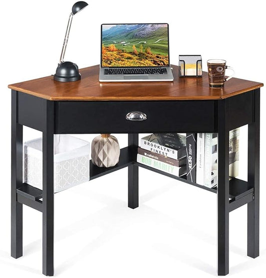 Nightcore Small, Wood Computer Desk, Compact Writing w/Drawer & Storage Shelves, Space Saving Study Workstation, Laptop PC Corner Table, Coffee - LeafyLoom