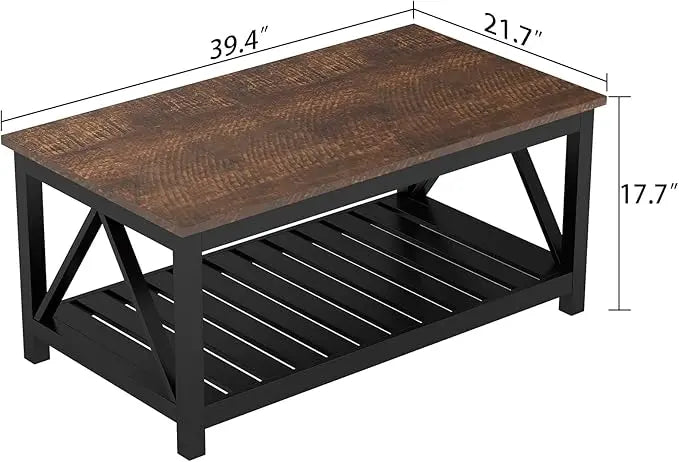 ChooChoo Black Coffee Table, Rustic Vintage Table with Shelf for Living Room, 40 Inch - LeafyLoom