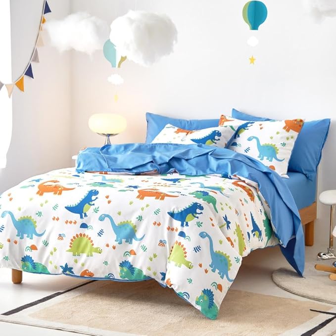 Wake In Cloud - Dinosaur Bedding Set for Boys, Cute Colorful Dinosaur Comforter Set with Sheets, 5 Pieces Kids Bed in a Bag, White Blue, Twin Size - LeafyLoom