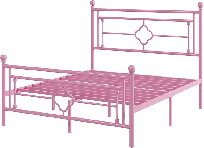 Allewie Queen Size Metal Platform Bed Frame with Victorian Vintage Headboard and Footboard/Mattress Foundation/Under Bed Storage/No Box Spring Needed/Noise-Free/Easy Assembly, Pink - LeafyLoom