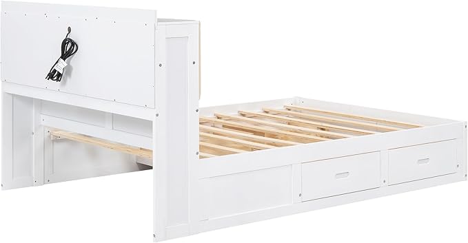 Wood Full Size Platform Bed with Storage Headboard and 4 Drawers, White - LeafyLoom